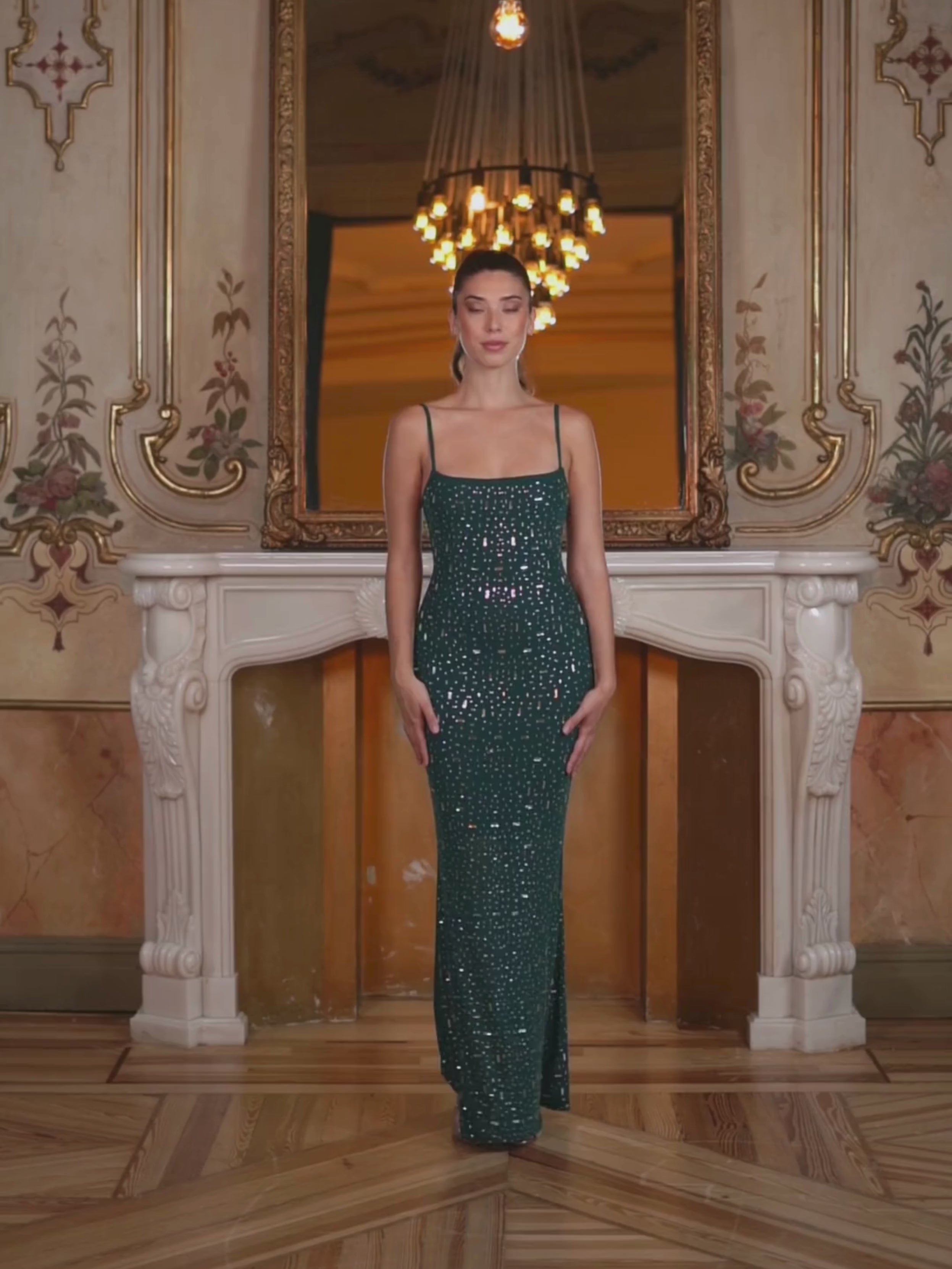 vestido tirantes largo cristales fiesta verde botella