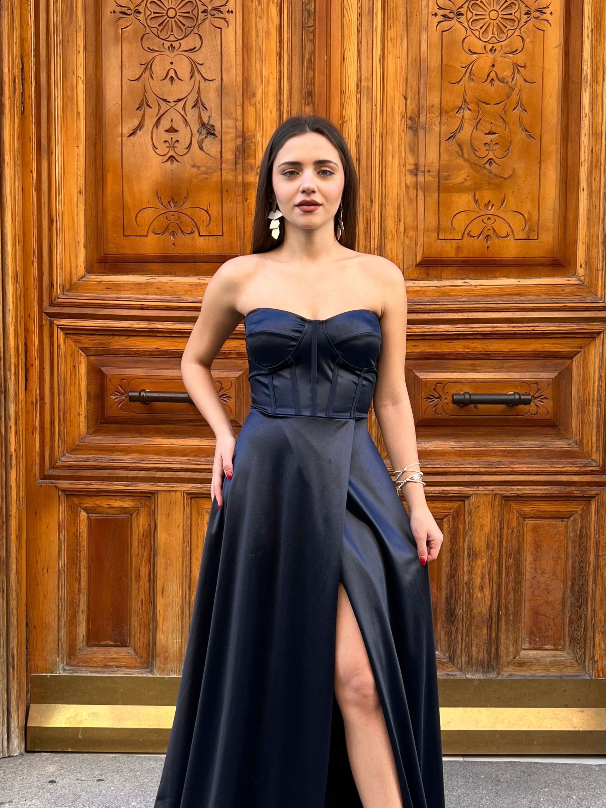 Elegantes Vestidos Vestido Azul Marino Strapless Vestidos